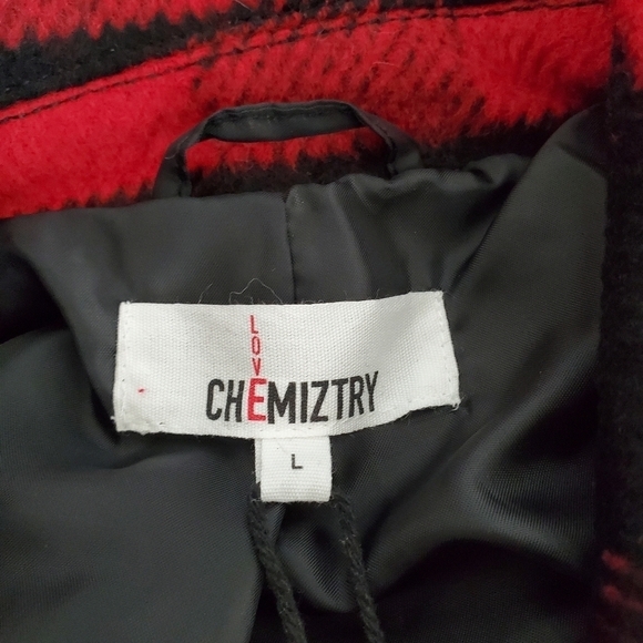 Love Chemiztry Coat Buffalo Plaid Red Black Moto Flannel Fleece Jacket Lined S L - Picture 11 of 12